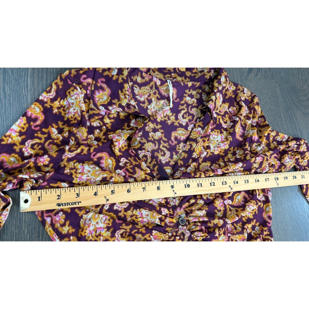 FREE PEOPLE Lucky Shirtee In Cosmo Paisley Ruched V Neck  SHIRT Mesh Boho y2k L - Picture 8 of 10